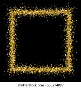 Gold frame glitter texture isolated on black. Golden color of winners. Gilded abstract particles. Explosion of confetti shine. Celebratory background. Vector illustration,eps 10