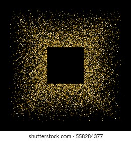 Gold frame glitter texture isolated on black. Golden color of winners. Gilded abstract particles. Explosion of confetti shine. Celebratory background. Vector illustration,eps 10