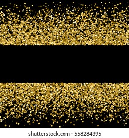 Gold frame glitter texture isolated on black. Golden color of winners. Gilded abstract particles. Explosion of confetti shine. Celebratory background. Vector illustration,eps 10