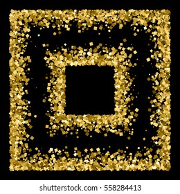 Gold frame glitter texture isolated on black. Golden color of winners. Gilded abstract particles. Explosion of confetti shine. Celebratory background. Vector illustration,eps 10
