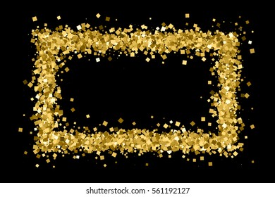 Gold frame glitter texture isolated on black. Golden color of winners. Gilded abstract particles. Explosion of confetti shine. Celebratory background. Vector illustration,eps 10