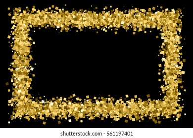 Gold frame glitter texture isolated on black. Golden color of winners. Gilded abstract particles. Explosion of confetti shine. Celebratory background. Vector illustration,eps 10