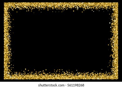 Gold frame glitter texture isolated on black. Golden color of winners. Gilded abstract particles. Explosion of confetti shine. Celebratory background. Vector illustration,eps 10