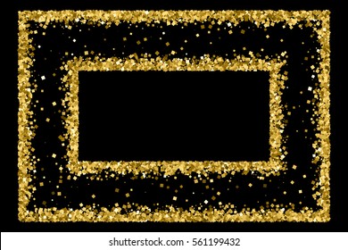 Gold frame glitter texture isolated on black. Golden color of winners. Gilded abstract particles. Explosion of confetti shine. Celebratory background. Vector illustration,eps 10.