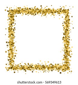 Gold frame glitter texture isolated on white. Golden color of winners. Gilded abstract particles. Explosion of confetti shine. Celebratory background. Vector illustration,eps 10.