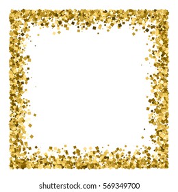 Gold frame glitter texture isolated on white. Golden color of winners. Gilded abstract particles. Explosion of confetti shine. Celebratory background. Vector illustration,eps 10.