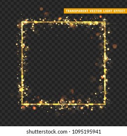 Gold frame with glowing lights and sparkle bokeh effects, isolated on transparent background. Shining golden rectangle. Luxury premium design template.