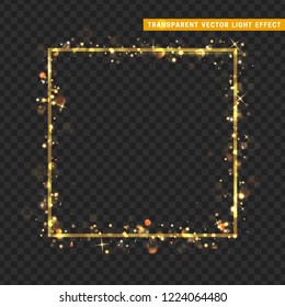 Gold frame with glowing lights and sparkle bokeh effects, isolated on transparent background. Shining golden rectangle. 