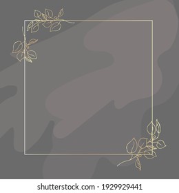 Gold frame. With golden branches of eucalyptus. On a gray background. Abstract transparent spots. Place for your text.