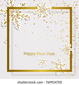 Gold frame with golden dust, white paper snowflakes and lettering Happy New Year. Design for flyer, poster, shopping, sale, marketing, banner, web. Vector illustration. Dark background.