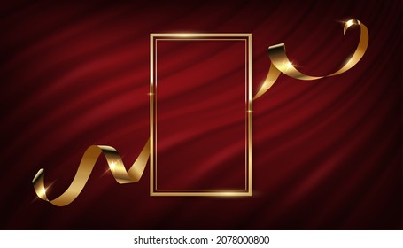 Gold frame with golden silk ribbon on red curtain vector illustration. Realistic 3d vintage luxury banner for memorial awards ceremony, elegant frame invitation on royal curtain mantle background