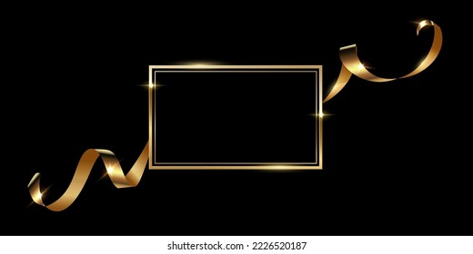 Gold frame with golden silk ribbon vector illustration. Realistic 3d vintage luxury banner for memorial awards ceremony, elegant frame invitation on black background