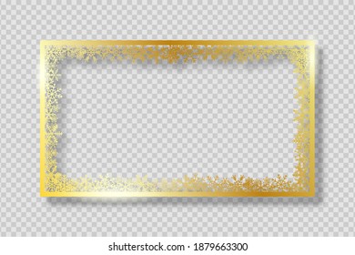 Gold frame with golden snowflakes. Banner for Merry Christmas and New Year text or photo. Golden rectangle border with gold snowflake on transparent background with shadow. Vector.