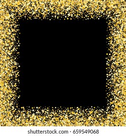 Gold frame. Golden Square Frame on black background. Gold glitter background. Template for holiday designs, invitation, party, birthday, wedding. Vector illustration, EPS10. 