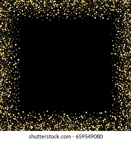 Gold frame. Golden Square Frame on black background. Gold glitter background. Template for holiday designs, invitation, party, birthday, wedding. Vector illustration, EPS10. 
