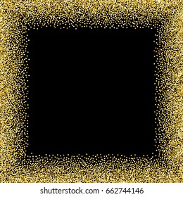 Gold frame. Golden Square Frame on black background. Gold glitter background. Template for holiday designs, invitation, party, birthday, wedding. Vector illustration, EPS10.