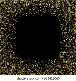 Gold frame. Golden Square Frame on black background. Gold glitter background. Template for holiday designs, invitation, party, birthday, wedding. 