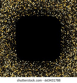 Gold frame. Golden Square Frame on black background. Gold glitter background. Template for holiday designs, invitation, party, birthday, wedding. 
