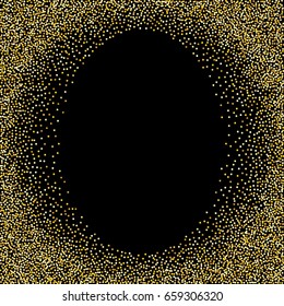 Gold frame. Golden Square Oval Frame on black background. Gold glitter background. Template for holiday designs, invitation, party, birthday, wedding. Vector illustration, EPS10. 