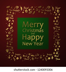 Gold frame from golden symbols, snowflakes, stars, branches, tree, santa, gifts with lettering Happy New Year and Merry Christmas. Red and green background. Christmas holiday design, decor.