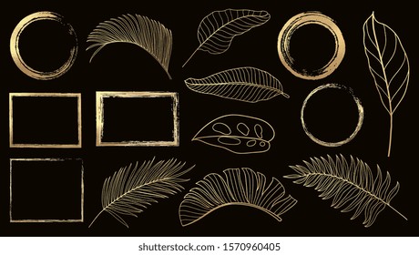 Gold frame and golden tropical leaves vector set. Gold design element for cover, cards, wedding invitation cards pattern and background decoration.