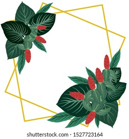 Gold frame with green leaves red flowers.Perfect for wedding invitations postcards and other projects.