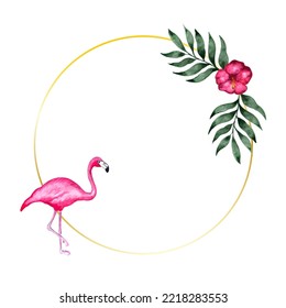 Gold frame with green watercolor tropical palm leaves and exotic flamingo illustration. Luxury template element for wedding design, greeting cards and crafting, place for text