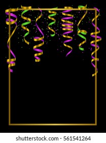 Gold frame with green, yellow and violet serpentine, ribbon and dust confetti isolated on black background. Vector illustration for Mardi Gras, banner, holiday design, web, invitation, party.