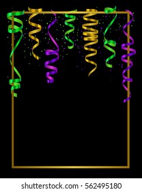 Gold frame with green, yellow and violet serpentine, ribbon and dust confetti isolated on black background. Vector illustration for Mardi Gras, banner, holiday design, web, invitation, party.