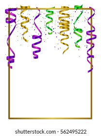 Gold frame with green, yellow and violet serpentine, ribbon and dust confetti isolated on white background. Vector illustration for Mardi Gras, banner, holiday design, web, invitation, party.