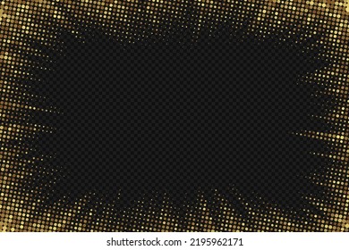 Gold Frame. Halftone Golden Border. Pop Art Dot. Attention Pattern. Faded Dark Texture. Gold Line Isolated On Transparent Background. Concentration Lines Design. Edge Dots Zoom. Vector Illustration