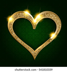 gold frame heart on a dark background. Vector illustration
