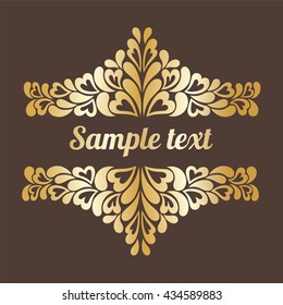 Gold frame with hearts on brown background for cards, invitations to the wedding. vector illustration
