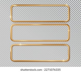 Marco de oro horizontal realista. Borde de oro de metal vectorial con lugar para inscripciones aisladas sobre fondo transparente. Diseño 3D realista.