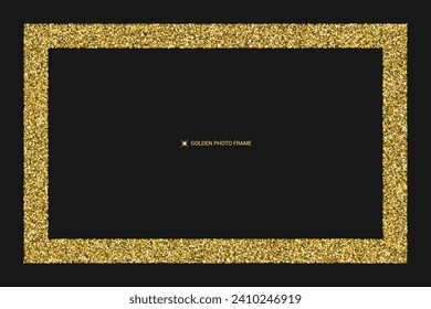 Marco dorado aislado sobre fondo negro. Fotografía. Textura de patrón claro. Resumen de la luz de las estrellas. Fondo de brillo amarillo. Explosión dorada de Confetti. Ilustración vectorial.	