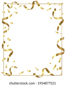 Gold frame isolated on a blank background to insert any designs. Gold frame with golden confetti. Festive frame for your designs. Vector illustration.