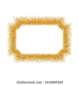 Gold frame isolated on white background. Golden glitter confetti texture. Gold square border, shine spray. Light dust decoration. Bright design for Christmas, holiday celebration Vector illustration