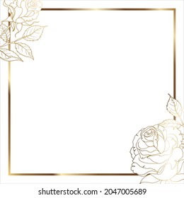 Gold frame with leaves. Floral minimal background. For use on social networks. Square white background. Vector illustration.