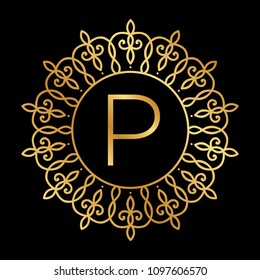 gold frame with letter p inside, luxury monogram 