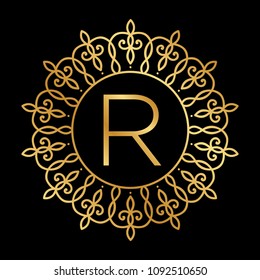 gold frame with letter r inside, luxury monogram 