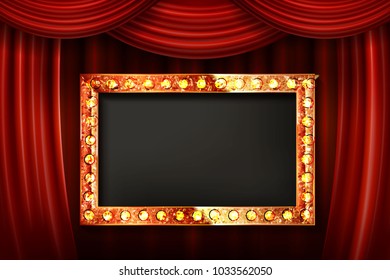 Gold frame with light bulbs on the background of the stage with a red curtain. Vector illustration