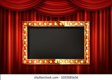Gold frame with light bulbs on the background of the stage with a red curtain. Vector illustration