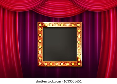 Gold frame with light bulbs on the background of the stage with a red curtain. Vector illustration