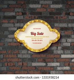 Gold frame with light bulbs on the background of old vintage brick wall. Vector illustration