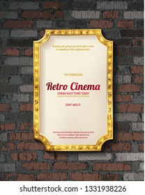 Gold frame with light bulbs on the background of old vintage brick wall. Vector illustration
