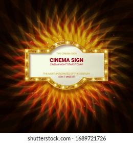 Gold frame with light bulbs on the background of the scene. Vector illustration