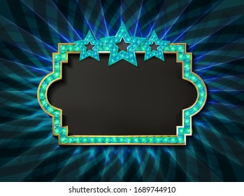 Gold frame with light bulbs on the background of the scene. Vector illustration