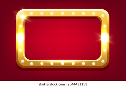 Gold frame with light bulbs on a red background. Vector illustration.