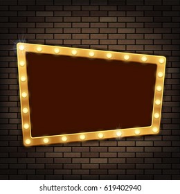 Gold frame with light bulbs on the red brick wall. Stock vector illustration.