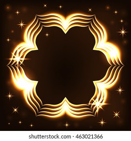 Gold frame light tracing effect. Glowing bright magic fire flower. Sparkle swirl trail on black background. Bokeh glitter wavy line with sparkling stars flash lights. Shiny design. Vector illustration